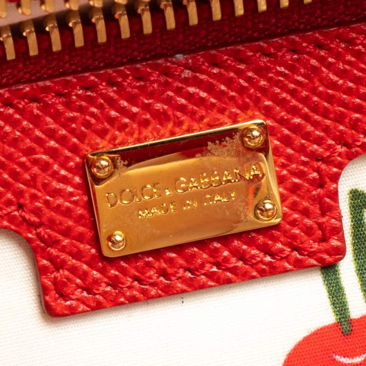 Pre Owned Dolce & Gabbana Red/White Stripe Raffia and Leather Medium Miss Sicily Top Handle Bag