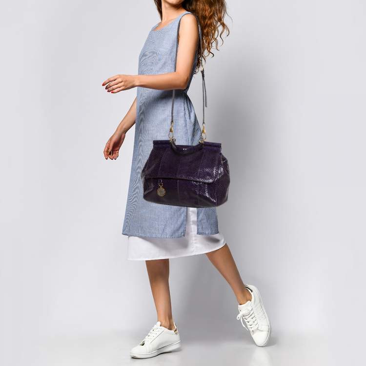 Pre Owned Dolce & Gabbana Purple Python Medium Heritage Miss Sicily Top Handle Bag
