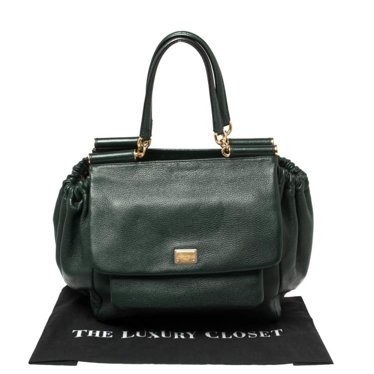 Pre Owned Dolce & Gabbana Dark Green Leather Large New Miss Sicily Top Handle Bag