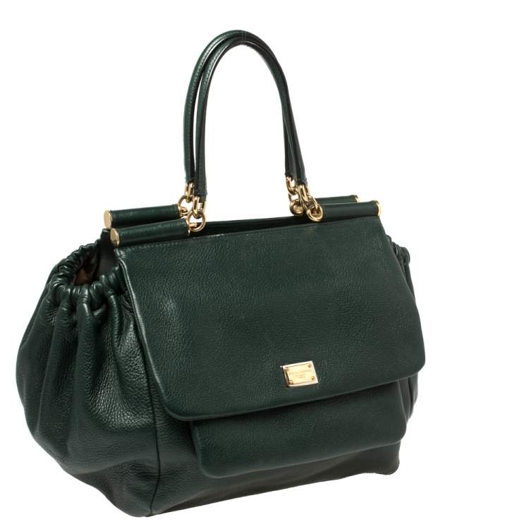 Pre Owned Dolce & Gabbana Dark Green Leather Large New Miss Sicily Top Handle Bag