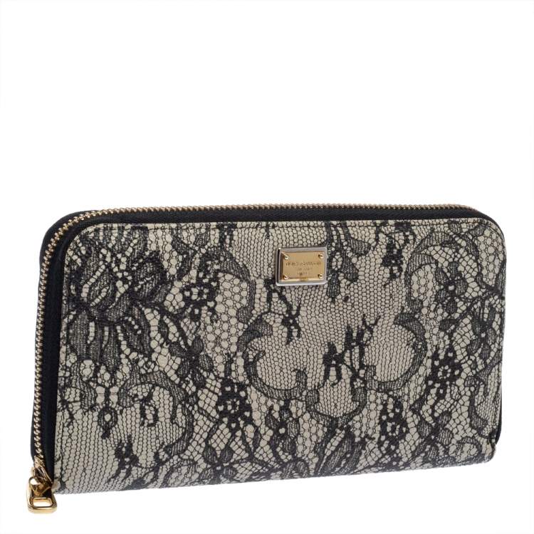 Pre Owned Dolce & Gabbana Black/White Lace Print Leather Zip Around  Wallet