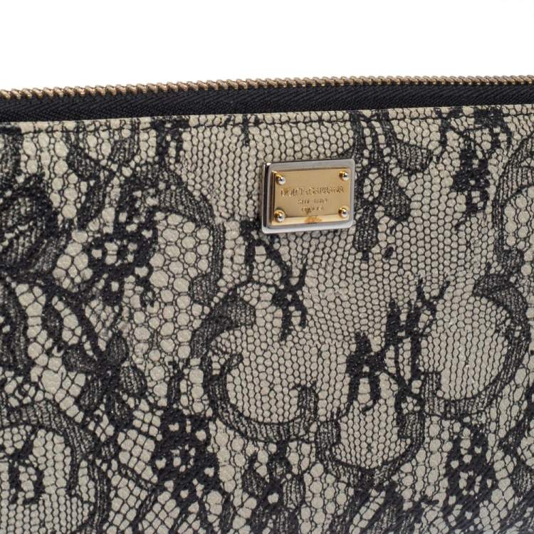 Pre Owned Dolce & Gabbana Black/White Lace Print Leather Zip Around  Wallet