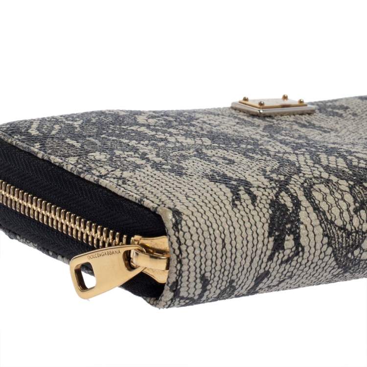 Pre Owned Dolce & Gabbana Black/White Lace Print Leather Zip Around  Wallet
