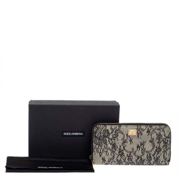 Pre Owned Dolce & Gabbana Black/White Lace Print Leather Zip Around  Wallet