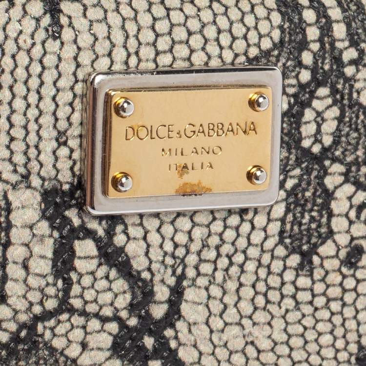 Pre Owned Dolce & Gabbana Black/White Lace Print Leather Zip Around  Wallet