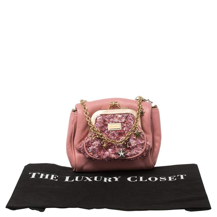 Pre Owned Dolce & Gabbana Pink Leather And Sequin Crossbody Bag