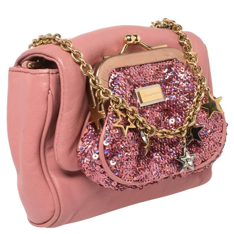 Pre Owned Dolce & Gabbana Pink Leather And Sequin Crossbody Bag