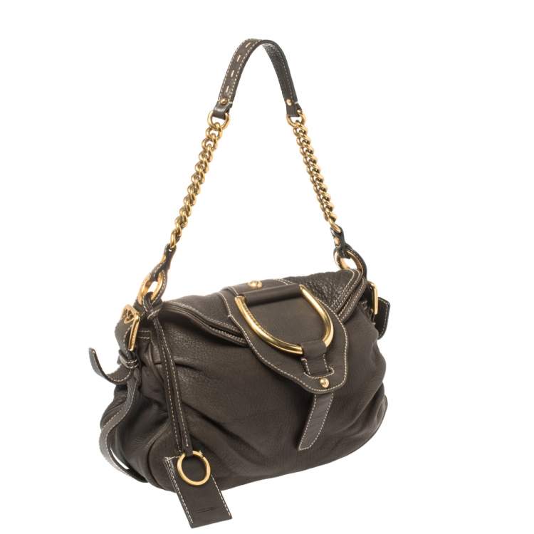 Pre Owned Dolce & Gabbana Dark Brown Pebbled Leather D Ring Flap Hobo