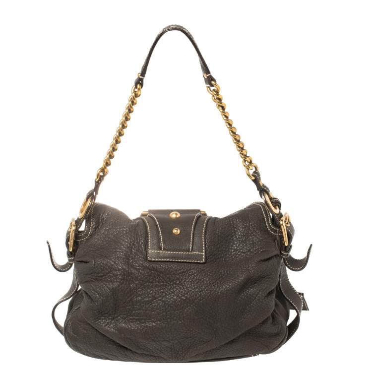 Pre Owned Dolce & Gabbana Dark Brown Pebbled Leather D Ring Flap Hobo