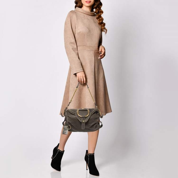 Pre Owned Dolce & Gabbana Dark Brown Pebbled Leather D Ring Flap Hobo
