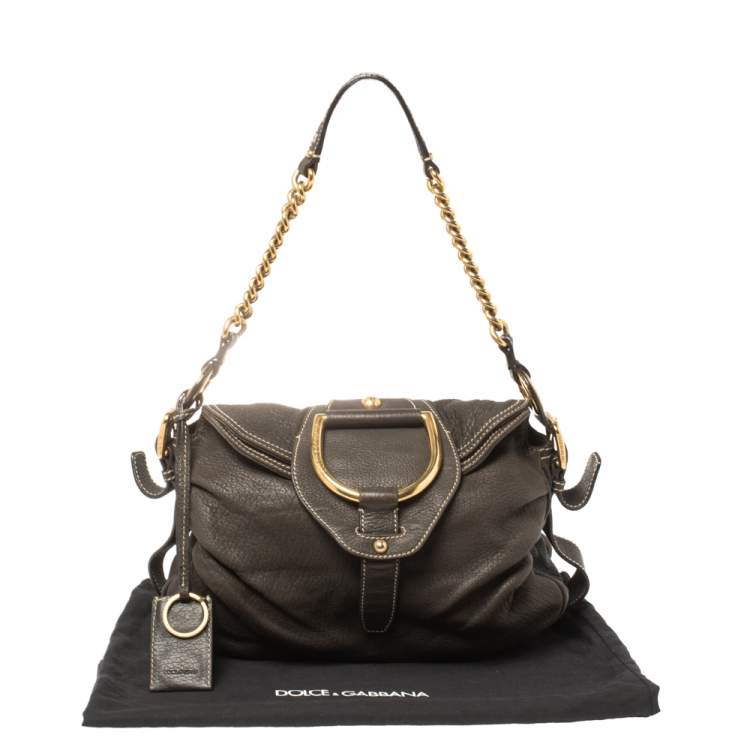 Pre Owned Dolce & Gabbana Dark Brown Pebbled Leather D Ring Flap Hobo