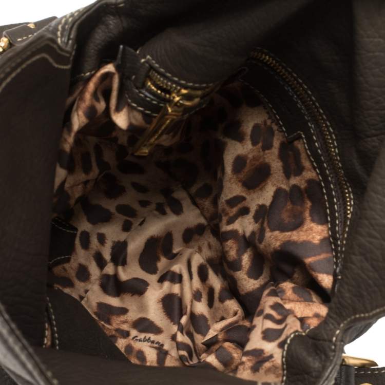 Pre Owned Dolce & Gabbana Dark Brown Pebbled Leather D Ring Flap Hobo