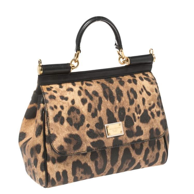 Pre Owned Dolce & Gabbana Brown/Black Leopard Print Coated Canvas and Leather Medium Miss Sicily Top Handle Bag