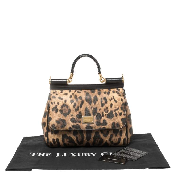 Pre Owned Dolce & Gabbana Brown/Black Leopard Print Coated Canvas and Leather Medium Miss Sicily Top Handle Bag