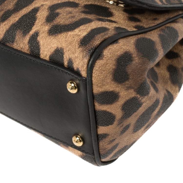 Pre Owned Dolce & Gabbana Brown/Black Leopard Print Coated Canvas and Leather Medium Miss Sicily Top Handle Bag