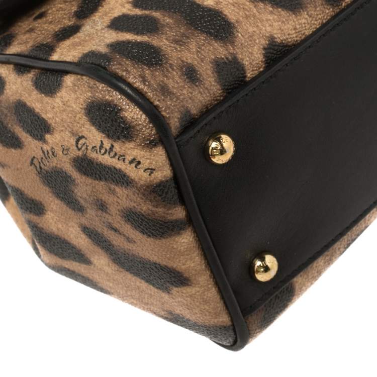 Pre Owned Dolce & Gabbana Brown/Black Leopard Print Coated Canvas and Leather Medium Miss Sicily Top Handle Bag