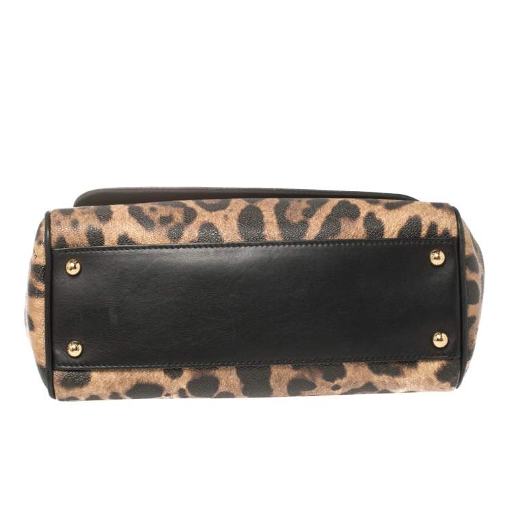 Pre Owned Dolce & Gabbana Brown/Black Leopard Print Coated Canvas and Leather Medium Miss Sicily Top Handle Bag