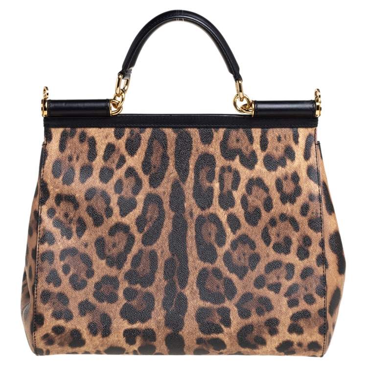 Pre Owned Dolce & Gabbana Black/Brown Leopard Print Coated Canvas and Leather Large Miss Sicily Top Handle Bag