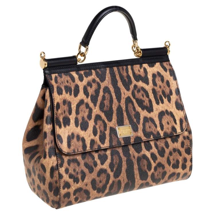 Pre Owned Dolce & Gabbana Black/Brown Leopard Print Coated Canvas and Leather Large Miss Sicily Top Handle Bag