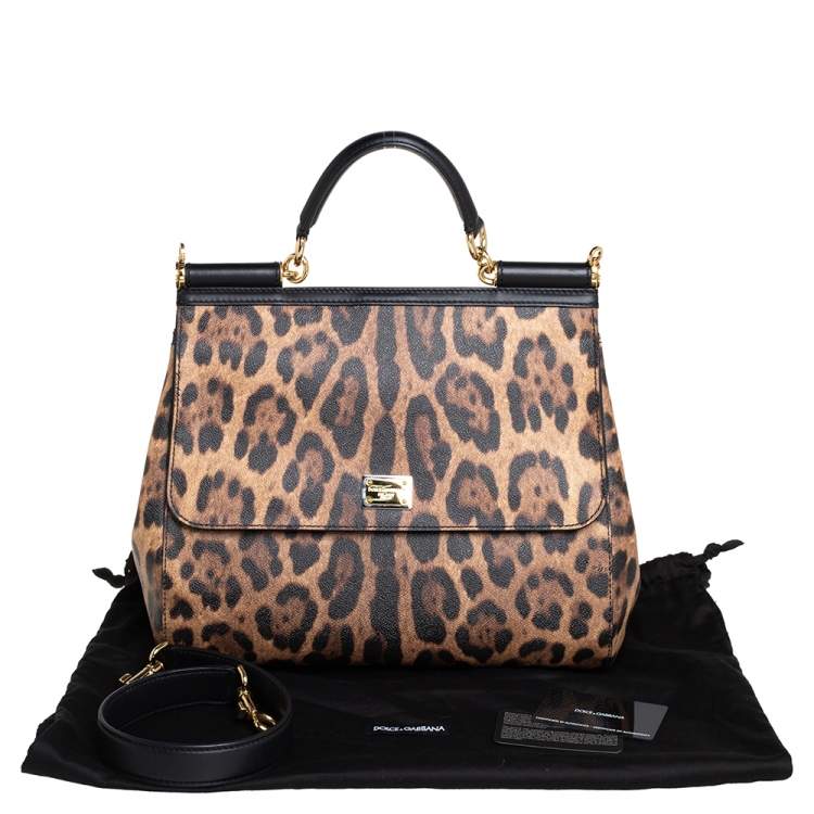 Pre Owned Dolce & Gabbana Black/Brown Leopard Print Coated Canvas and Leather Large Miss Sicily Top Handle Bag