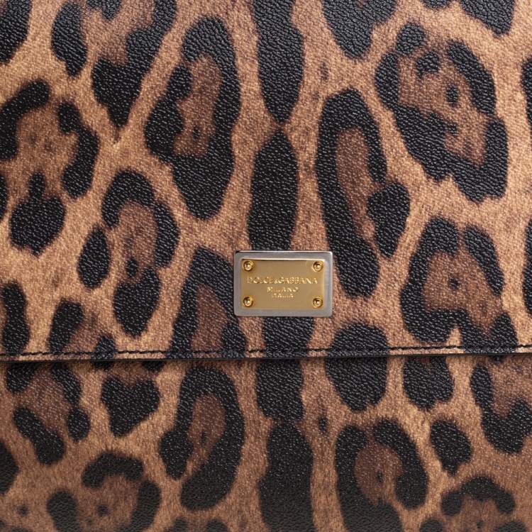 Pre Owned Dolce & Gabbana Black/Brown Leopard Print Coated Canvas and Leather Large Miss Sicily Top Handle Bag