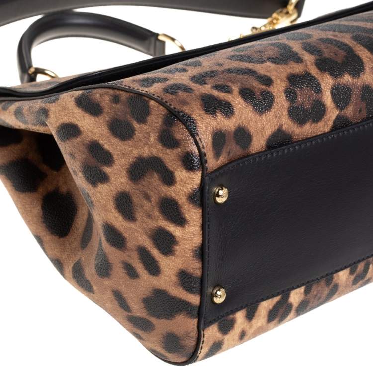 Pre Owned Dolce & Gabbana Black/Brown Leopard Print Coated Canvas and Leather Large Miss Sicily Top Handle Bag