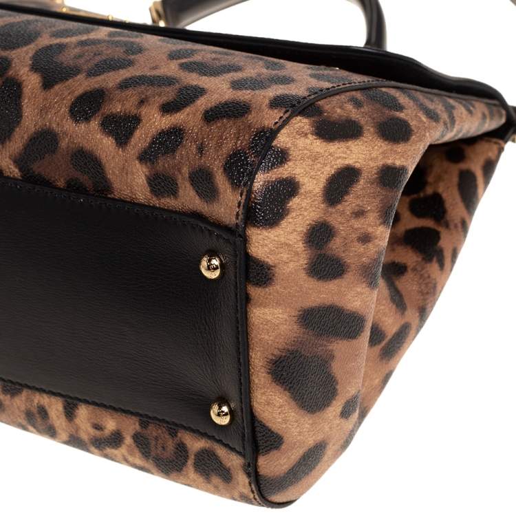Pre Owned Dolce & Gabbana Black/Brown Leopard Print Coated Canvas and Leather Large Miss Sicily Top Handle Bag