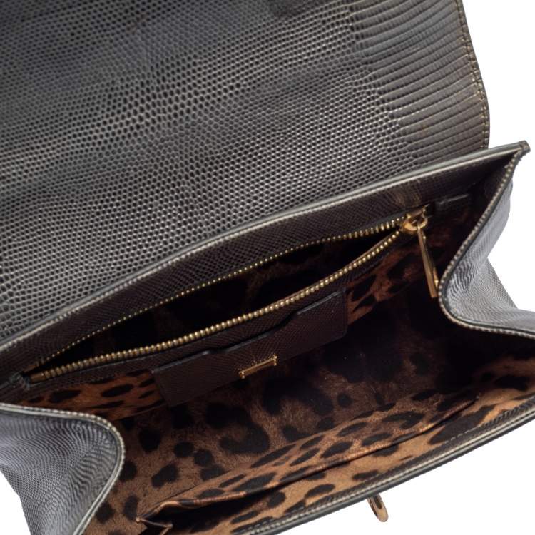 Pre Owned Dolce & Gabbana Grey Lizard Embossed Leather Medium Miss Monica Top Handle Bag