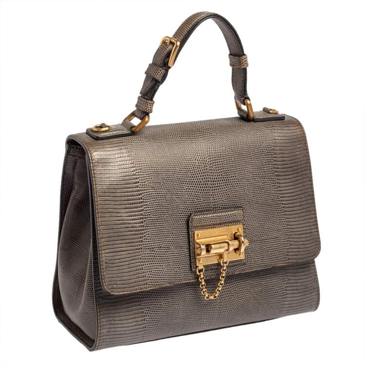 Pre Owned Dolce & Gabbana Grey Lizard Embossed Leather Medium Miss Monica Top Handle Bag