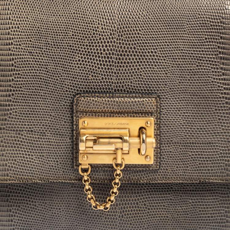 Pre Owned Dolce & Gabbana Grey Lizard Embossed Leather Medium Miss Monica Top Handle Bag