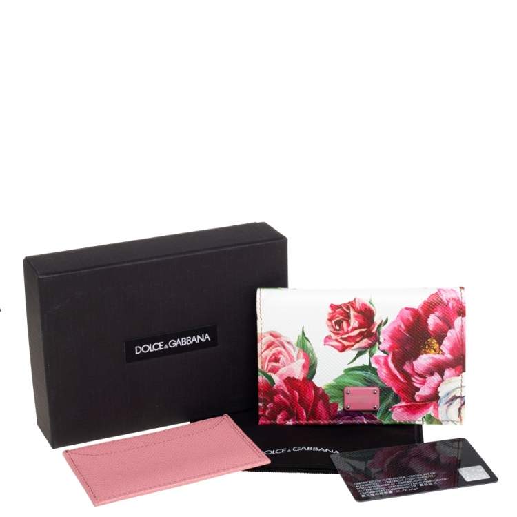 Pre Owned Dolce & Gabbana White Floral Print Leather Flap Card Case