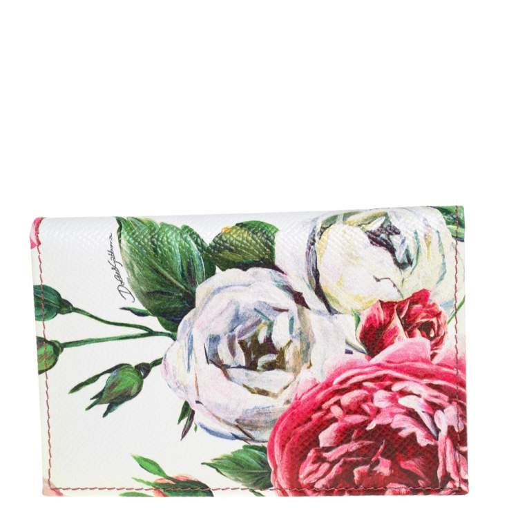 Pre Owned Dolce & Gabbana White Floral Print Leather Flap Card Case