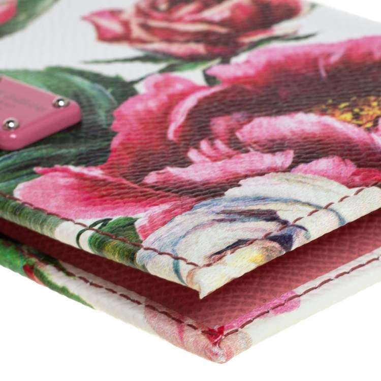 Pre Owned Dolce & Gabbana White Floral Print Leather Flap Card Case