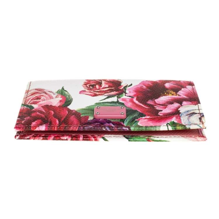 Pre Owned Dolce & Gabbana White Floral Print Leather Flap Card Case