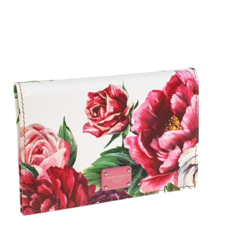 Pre Owned Dolce & Gabbana White Floral Print Leather Flap Card Case