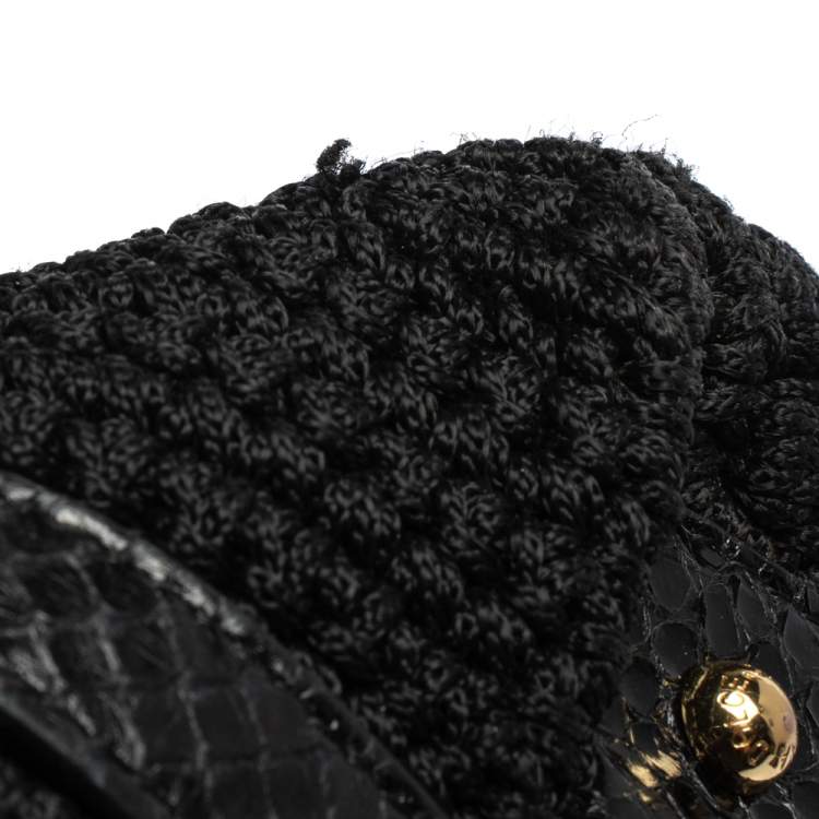 Pre Owned Dolce & Gabbana Black Crochet Fabric and Snakeskin Padlock Top Handle Bag