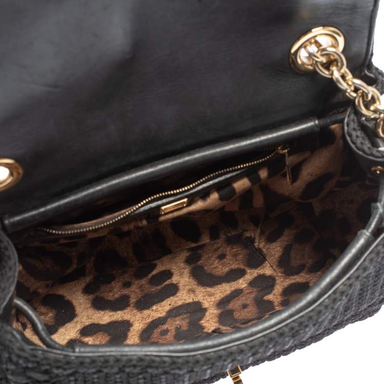Pre Owned Dolce & Gabbana Black Crochet Fabric and Snakeskin Padlock Top Handle Bag