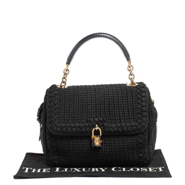Pre Owned Dolce & Gabbana Black Crochet Fabric and Snakeskin Padlock Top Handle Bag