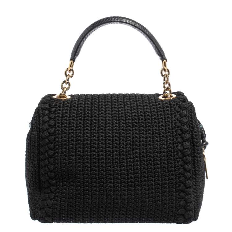 Pre Owned Dolce & Gabbana Black Crochet Fabric and Snakeskin Padlock Top Handle Bag