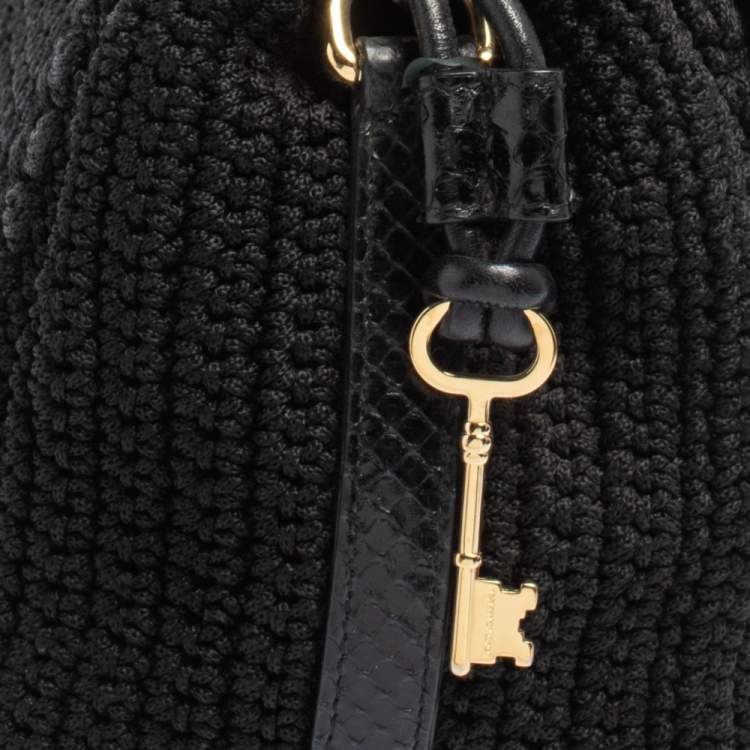 Pre Owned Dolce & Gabbana Black Crochet Fabric and Snakeskin Padlock Top Handle Bag