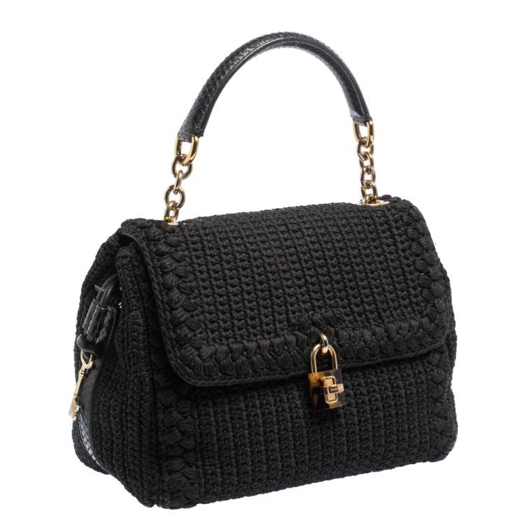 Pre Owned Dolce & Gabbana Black Crochet Fabric and Snakeskin Padlock Top Handle Bag