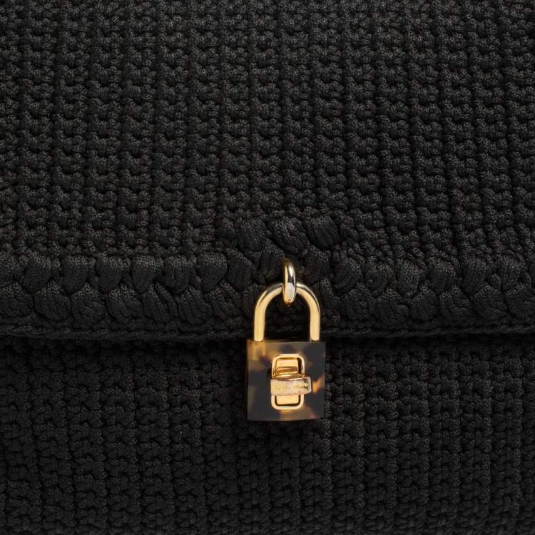 Pre Owned Dolce & Gabbana Black Crochet Fabric and Snakeskin Padlock Top Handle Bag