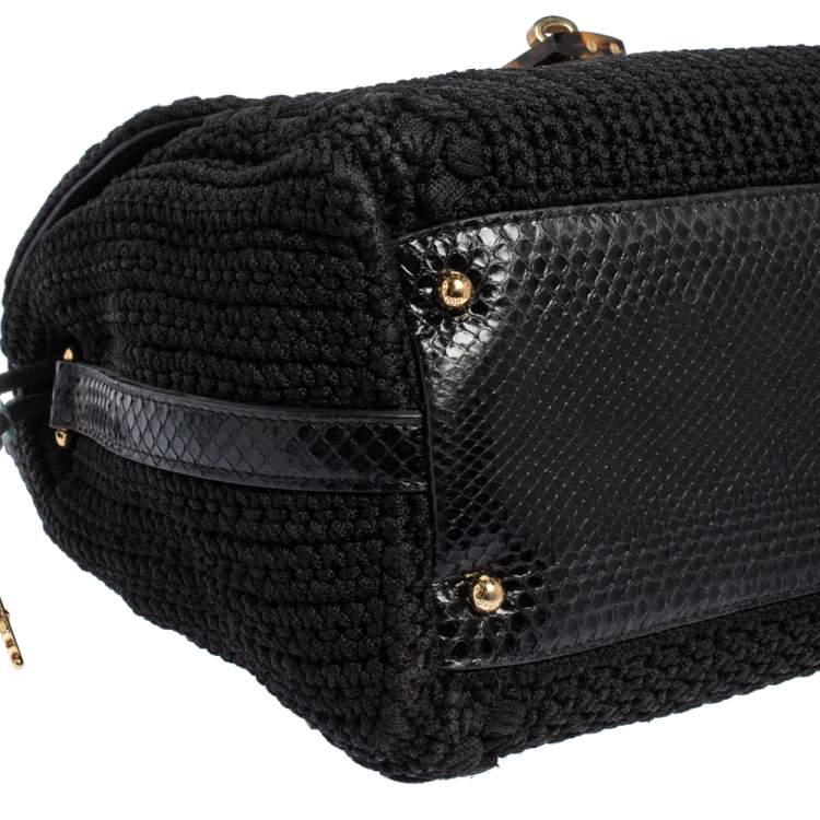 Pre Owned Dolce & Gabbana Black Crochet Fabric and Snakeskin Padlock Top Handle Bag