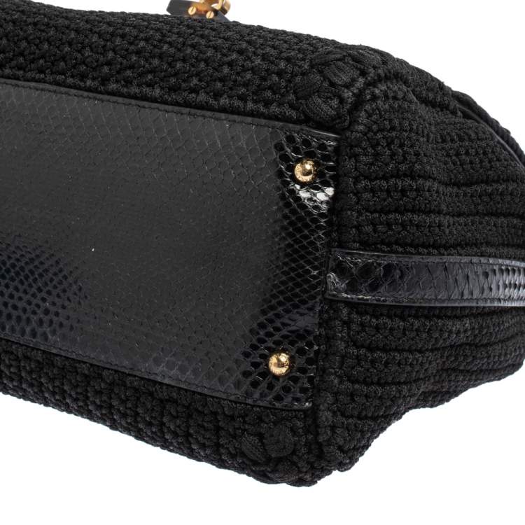 Pre Owned Dolce & Gabbana Black Crochet Fabric and Snakeskin Padlock Top Handle Bag