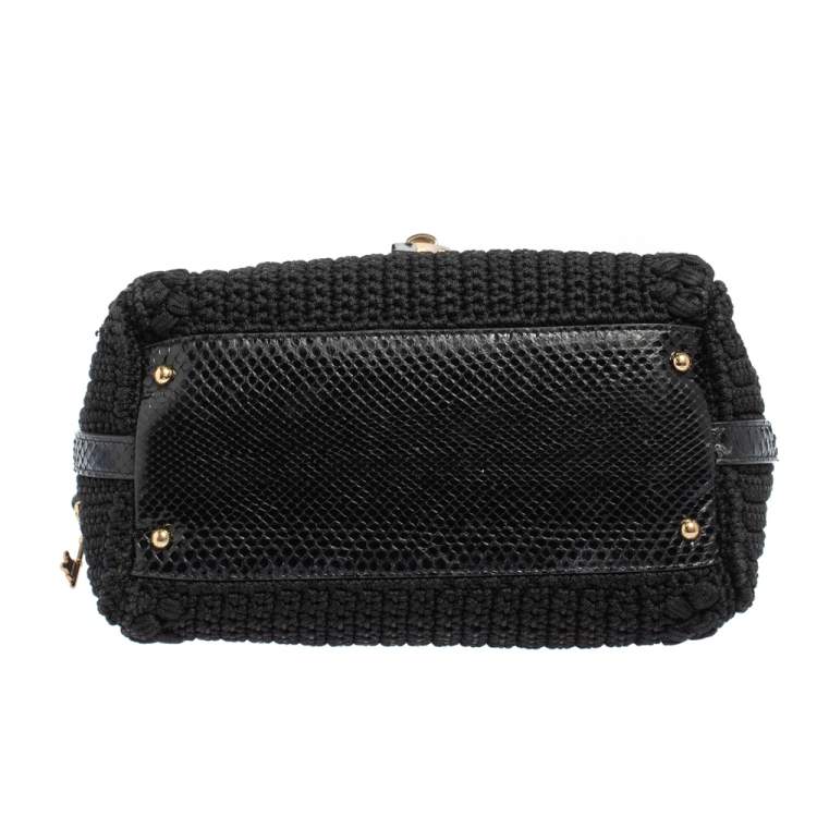 Pre Owned Dolce & Gabbana Black Crochet Fabric and Snakeskin Padlock Top Handle Bag