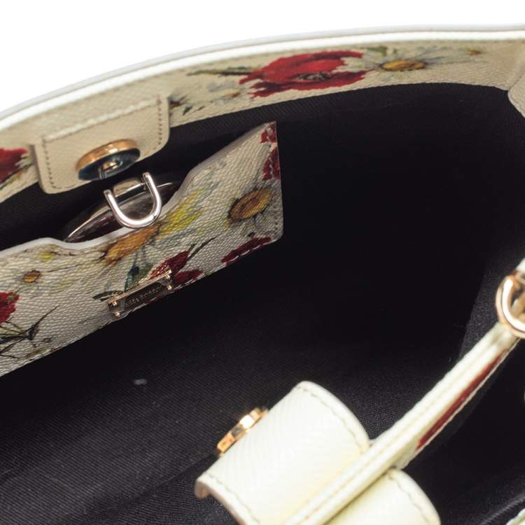 Pre Owned Dolce & Gabbana Off White Floral Print Leather Small Miss Sicily Tote