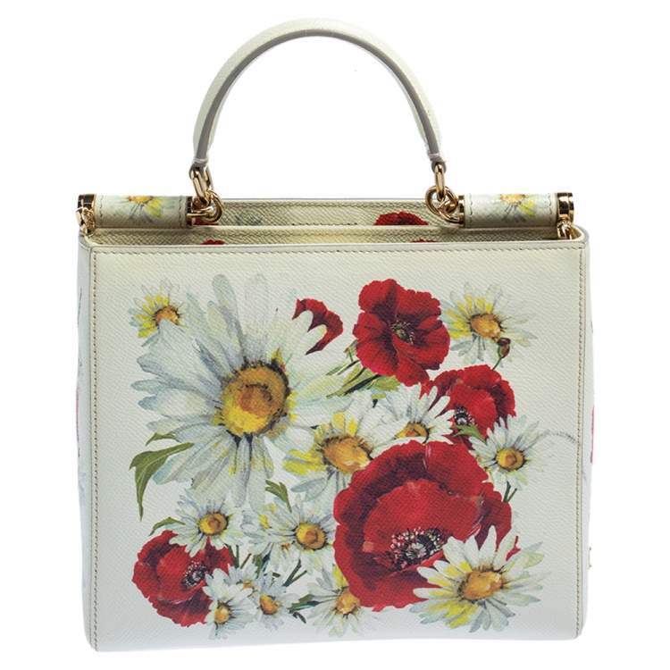 Pre Owned Dolce & Gabbana Off White Floral Print Leather Small Miss Sicily Tote