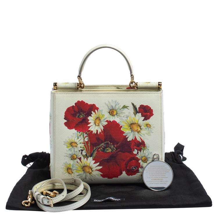 Pre Owned Dolce & Gabbana Off White Floral Print Leather Small Miss Sicily Tote