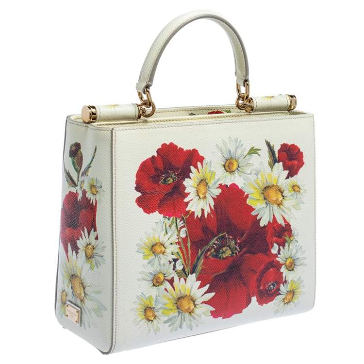 Pre Owned Dolce & Gabbana Off White Floral Print Leather Small Miss Sicily Tote