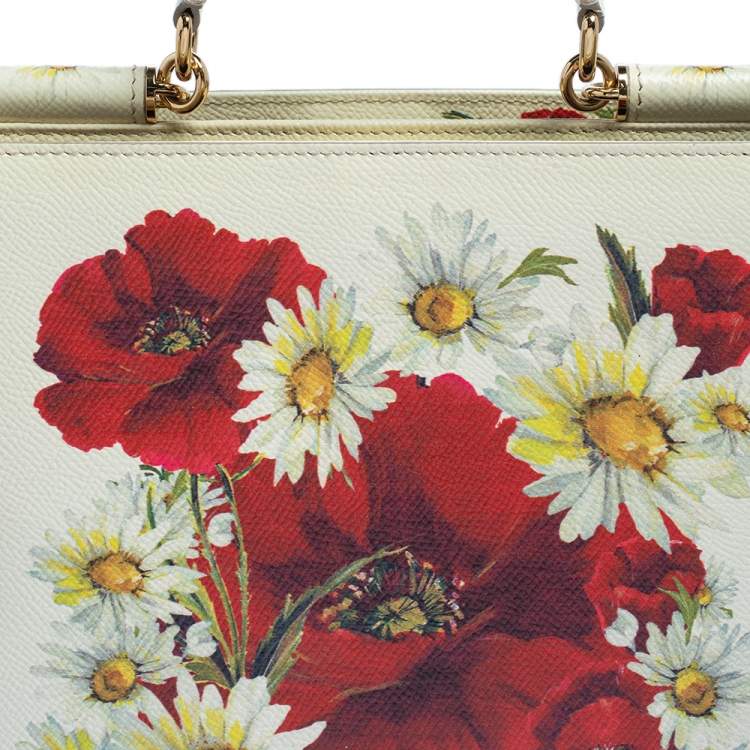 Pre Owned Dolce & Gabbana Off White Floral Print Leather Small Miss Sicily Tote